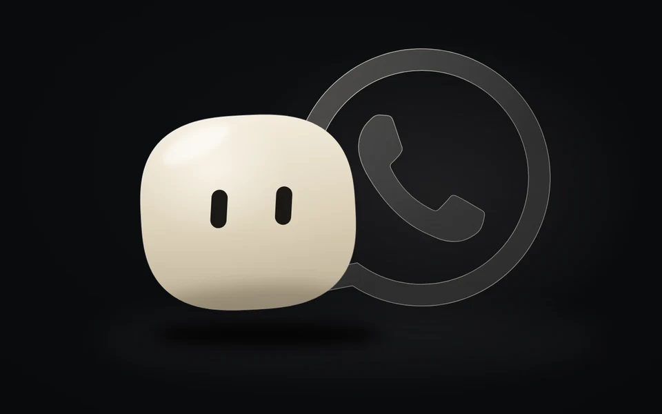 Elio agent demo: minimalist ivory-colored figure with two simple eyes next to a glass-style WhatsApp logo, on a dark background