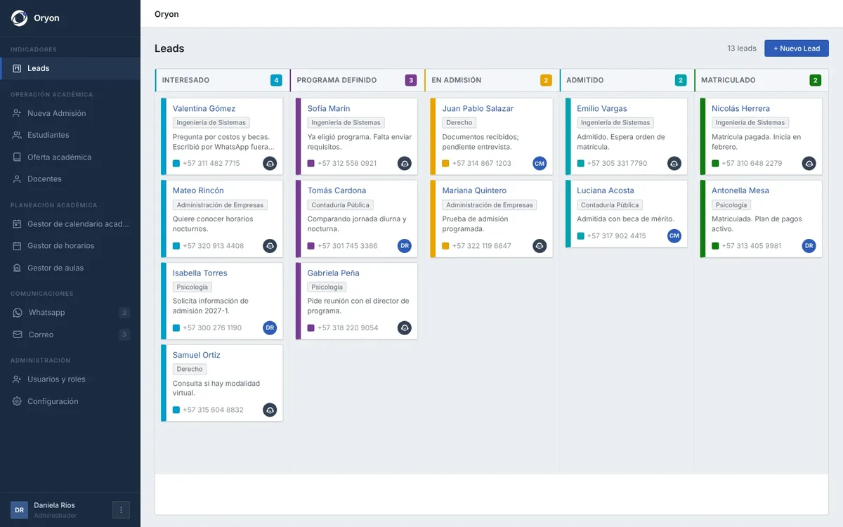 Oryon CRM demo: admissions lead board for a university